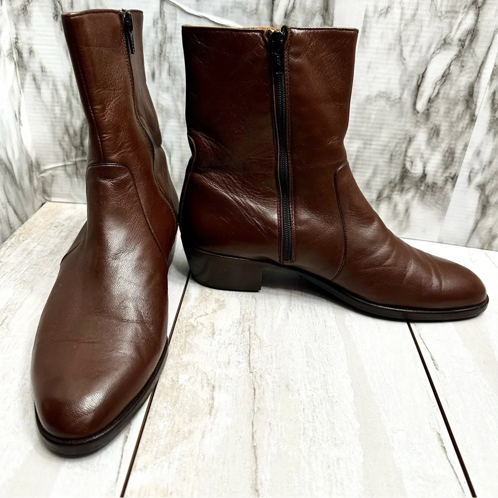 Men Classic Warm Brown Leather Resoled Office Side Zip Dress Boots Stacked Heel